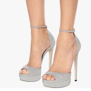 FSJ Silver Glitter Super High Heeled Platform Peep Toe Sexy Ankle Strap Sandals